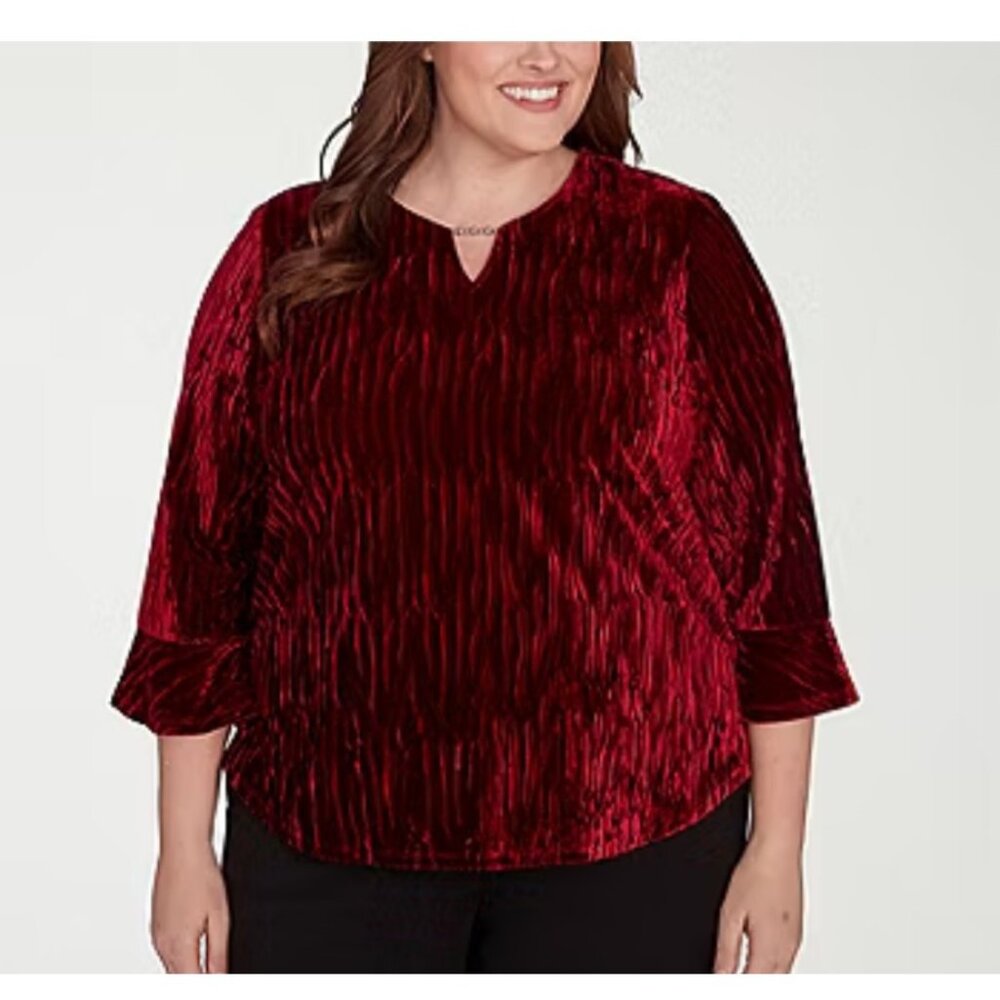 Alfred Dunner Womens Plus Runway Ready 3/4 Sleeve Crinkle Velvet Red Top Size 3X
